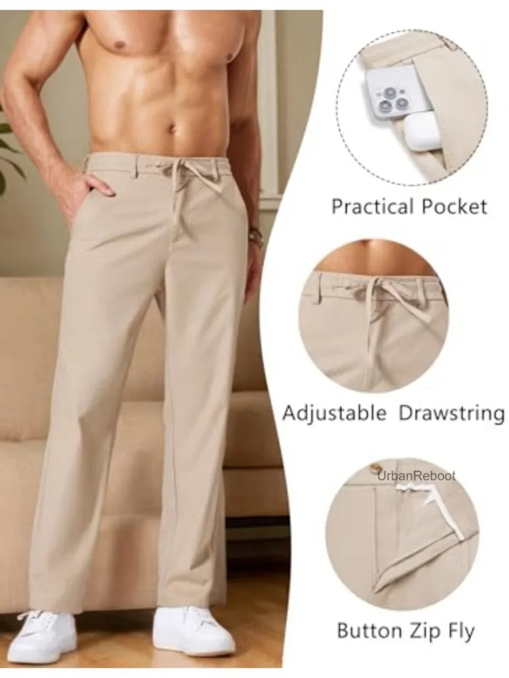 Relaxed Fit Cotton Linen Drawstring Pants for Men Casual Summer Trousers